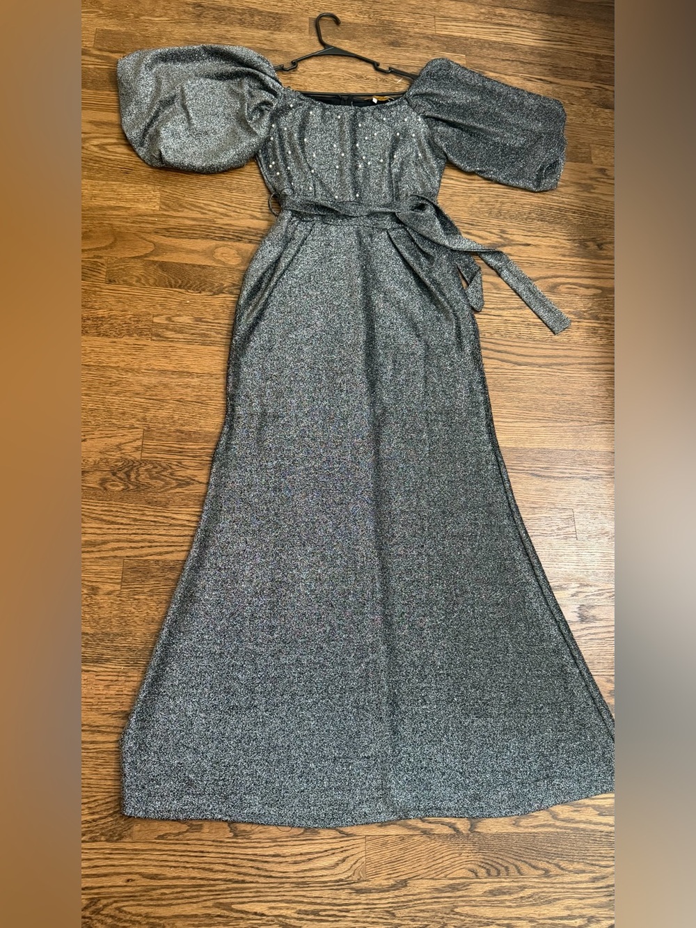 Sparkle Silver Maxi Dress with Puff Sleeves